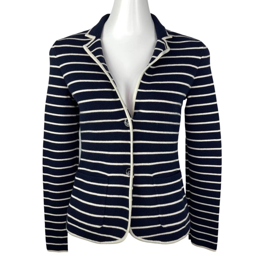 Talbots Womens Petite PXS Navy Ivory Striped Knit Blazer Nautical Coastal Preppy